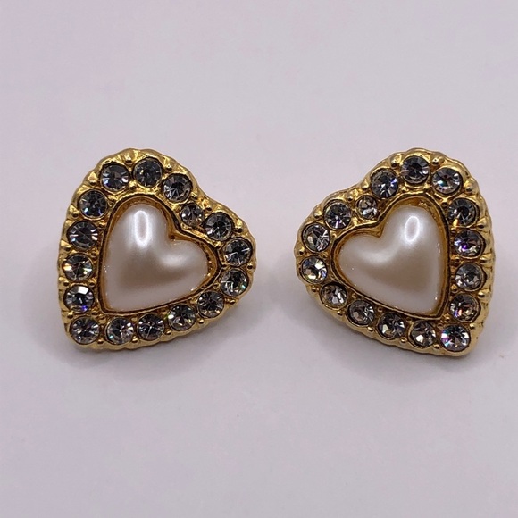 Pearly Puff Heart Crystal Rhinestone Bordered Heart Earrings - Picture 1 of 4